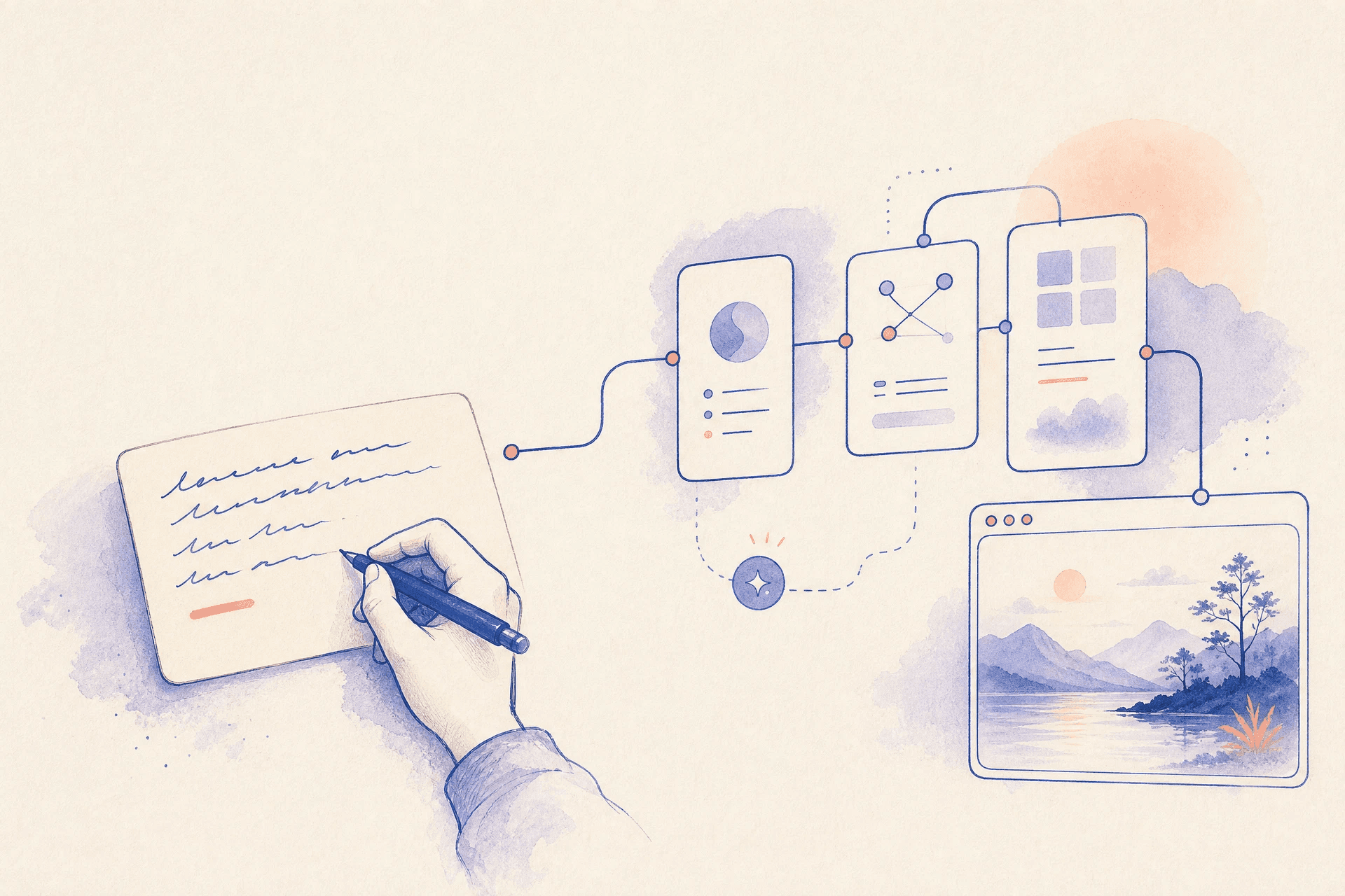 An illustrated flow from a handwritten creative brief through structured system stages to a generated landscape.